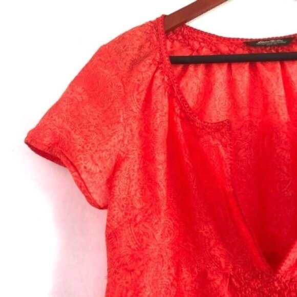 Eddie Bauer Blouse M Short Sleeves Pattern Semi-Sheer V-Neck Peasant Orange Boho - Picture 4 of 11